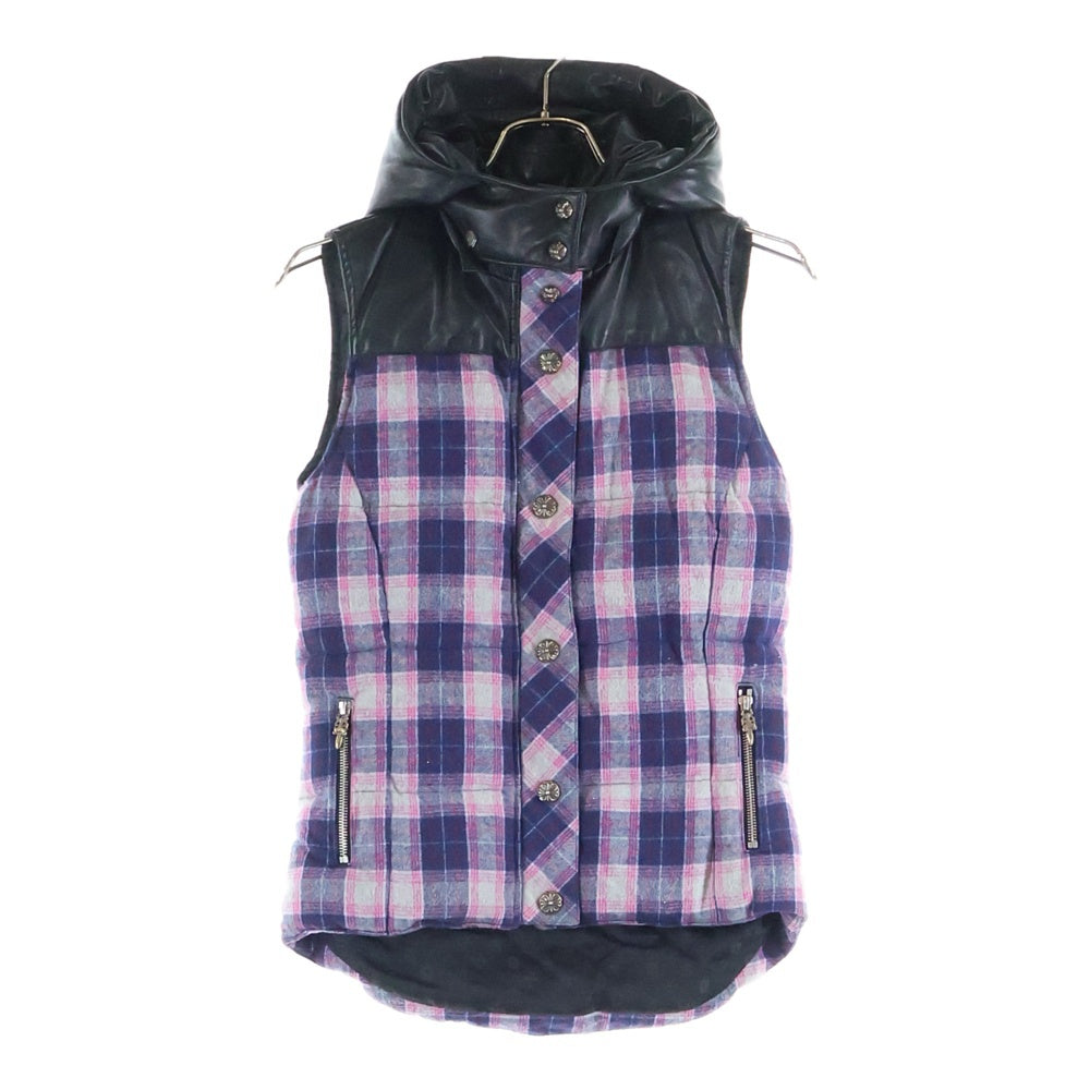 CHROME HEARTS(クロムハーツ) STIFF VEST スティッフ レザー切替 チェック柄 フーデッドダウンベスト ブラック/ピンク/ネイビー