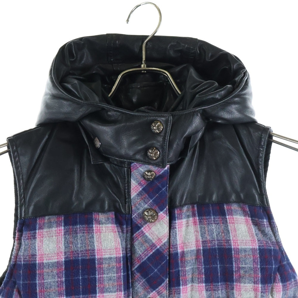 CHROME HEARTS(クロムハーツ) STIFF VEST スティッフ レザー切替 チェック柄 フーデッドダウンベスト ブラック/ピンク/ネイビー