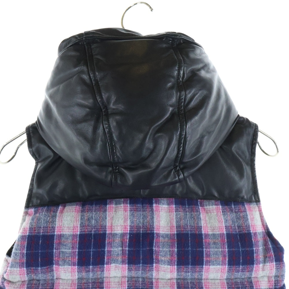 CHROME HEARTS(クロムハーツ) STIFF VEST スティッフ レザー切替 チェック柄 フーデッドダウンベスト ブラック/ピンク/ネイビー