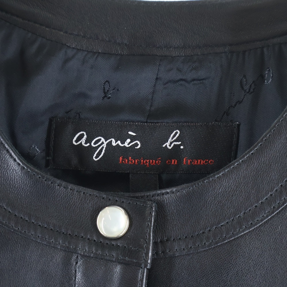 agnes b.(アニエスベー) ラムレザー ノーカラー ラインストーン レザージャケット ブラック レディース X101CU32