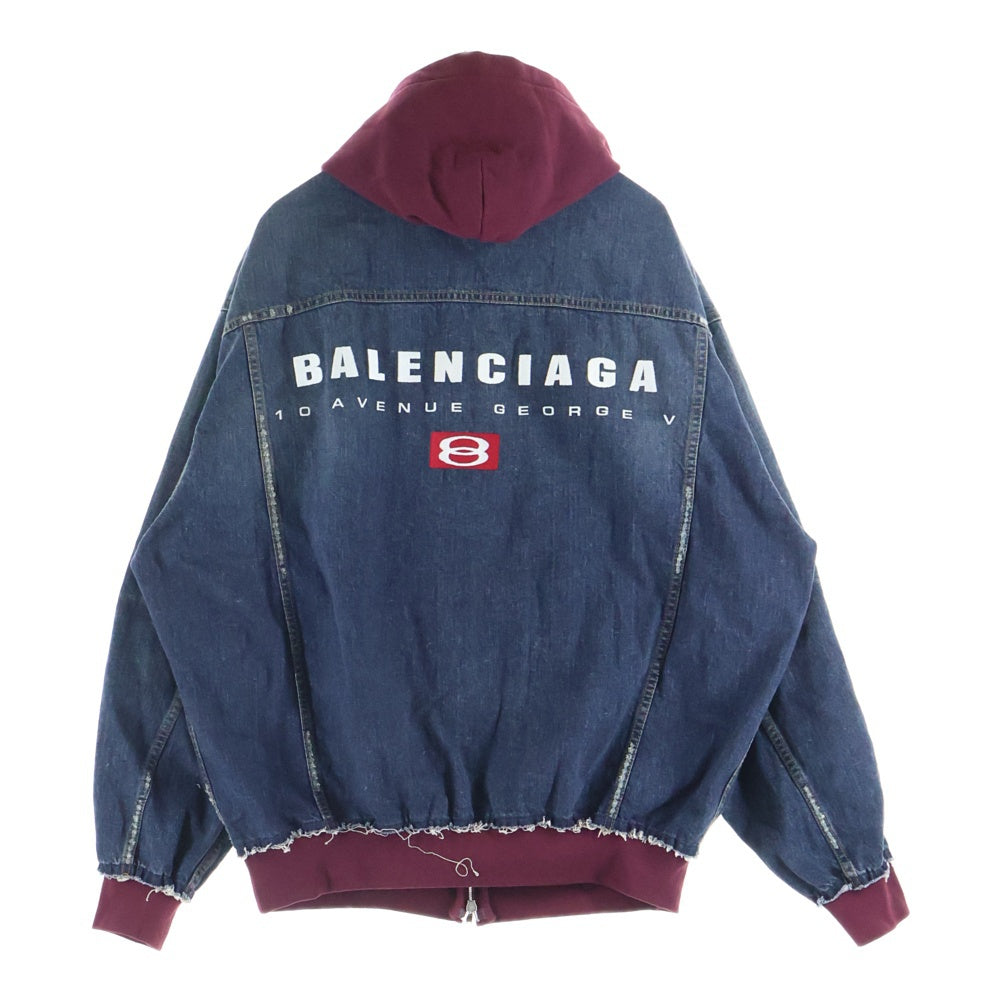 BALENCIAGA(バレンシアガ) 25SS PATCHED DENIM JACKET ドッキング加工 ジップアップフーデッド デニムジャケット インディゴ/レッド 824304 TRW62