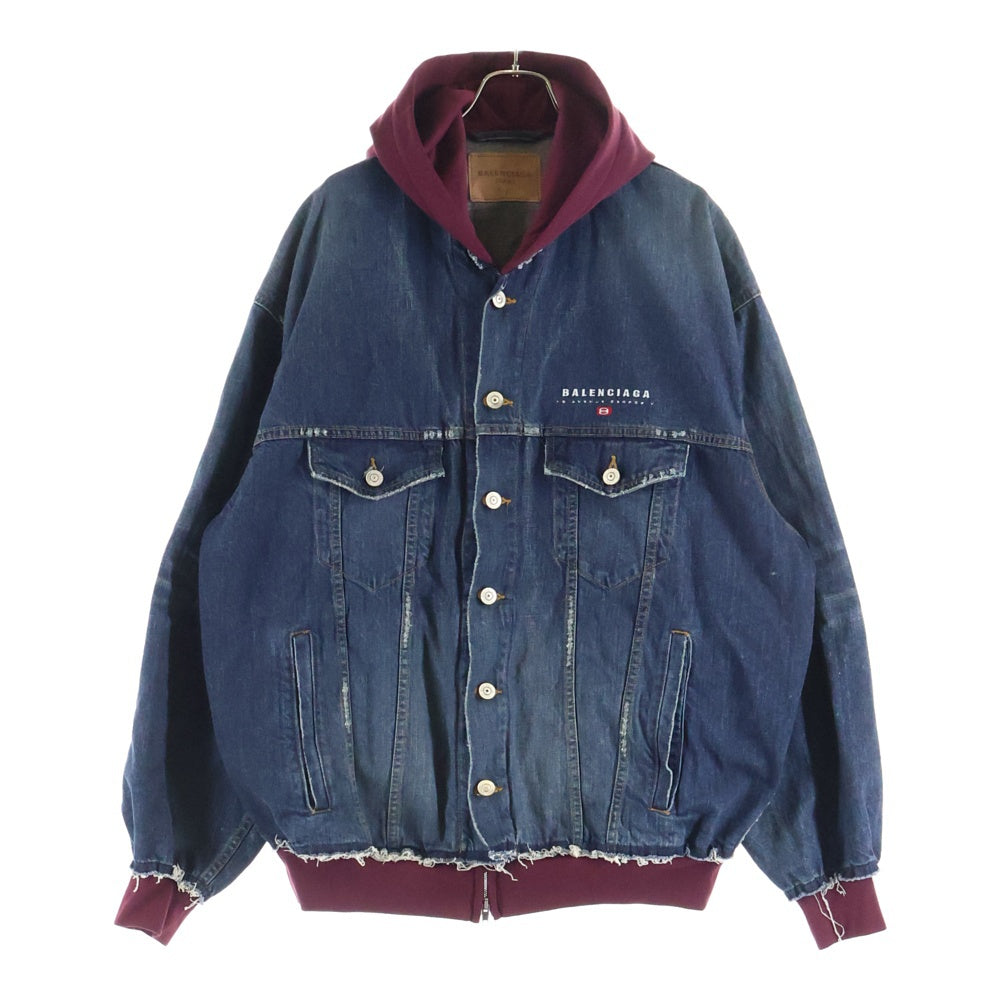 BALENCIAGA(バレンシアガ) 25SS PATCHED DENIM JACKET ドッキング加工 ジップアップフーデッド デニムジャケット インディゴ/レッド 824304 TRW62