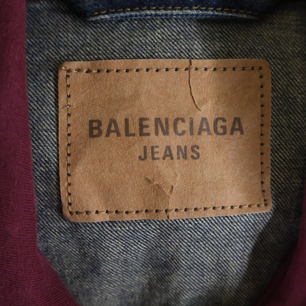 BALENCIAGA(バレンシアガ) 25SS PATCHED DENIM JACKET ドッキング加工 ジップアップフーデッド デニムジャケット インディゴ/レッド 824304 TRW62