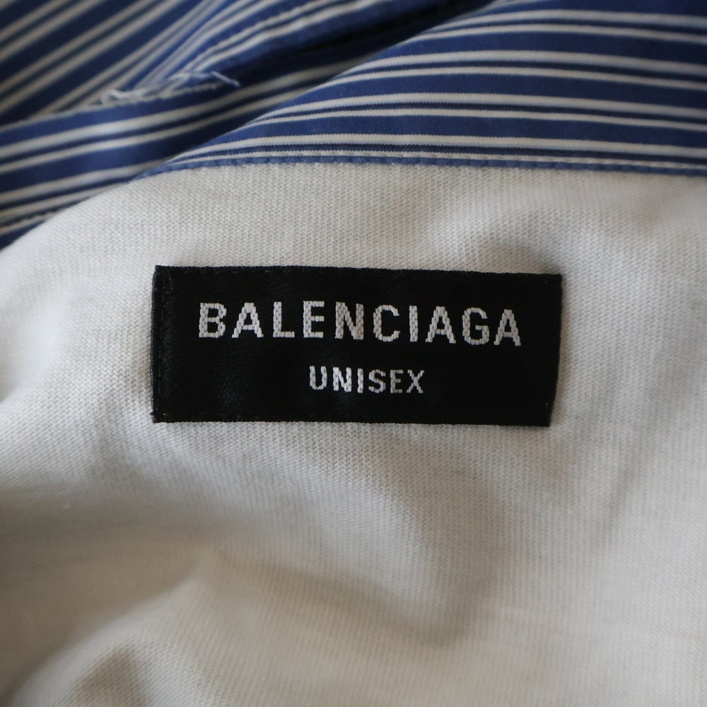 BALENCIAGA(バレンシアガ) BLUE SHIRT WITH LOGO ブルー ロゴデザイン ダメージ加工 ストライプ柄 ドッキング 長袖シャツ ブルー 661417 TKM23 4011