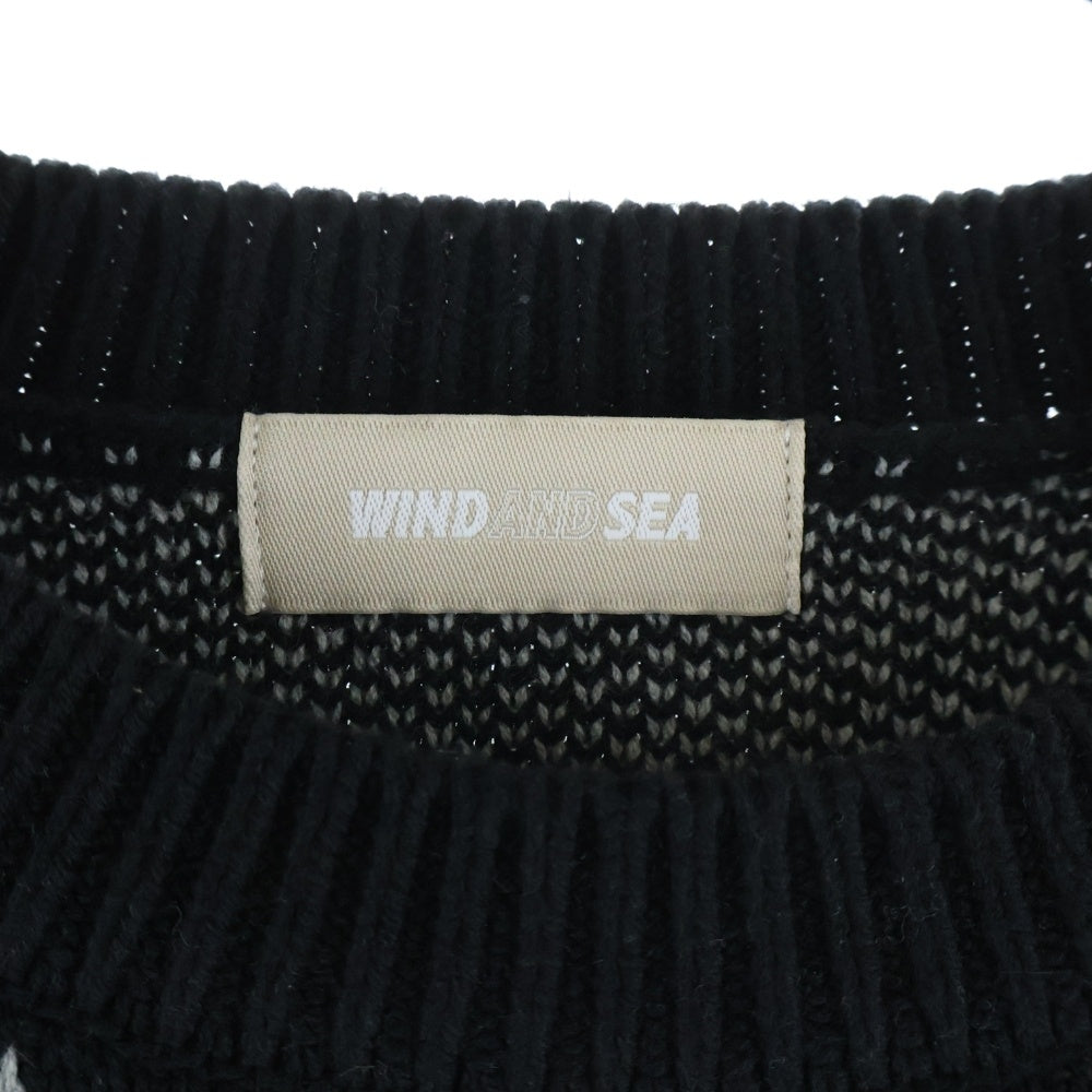 WIND AND SEA(ウィンダンシー) スートデザイン ロゴ刺繍 クルーネック コットンアクリルニット セーター ブラック WDS-0-HTSP-25-Q2-KN-02