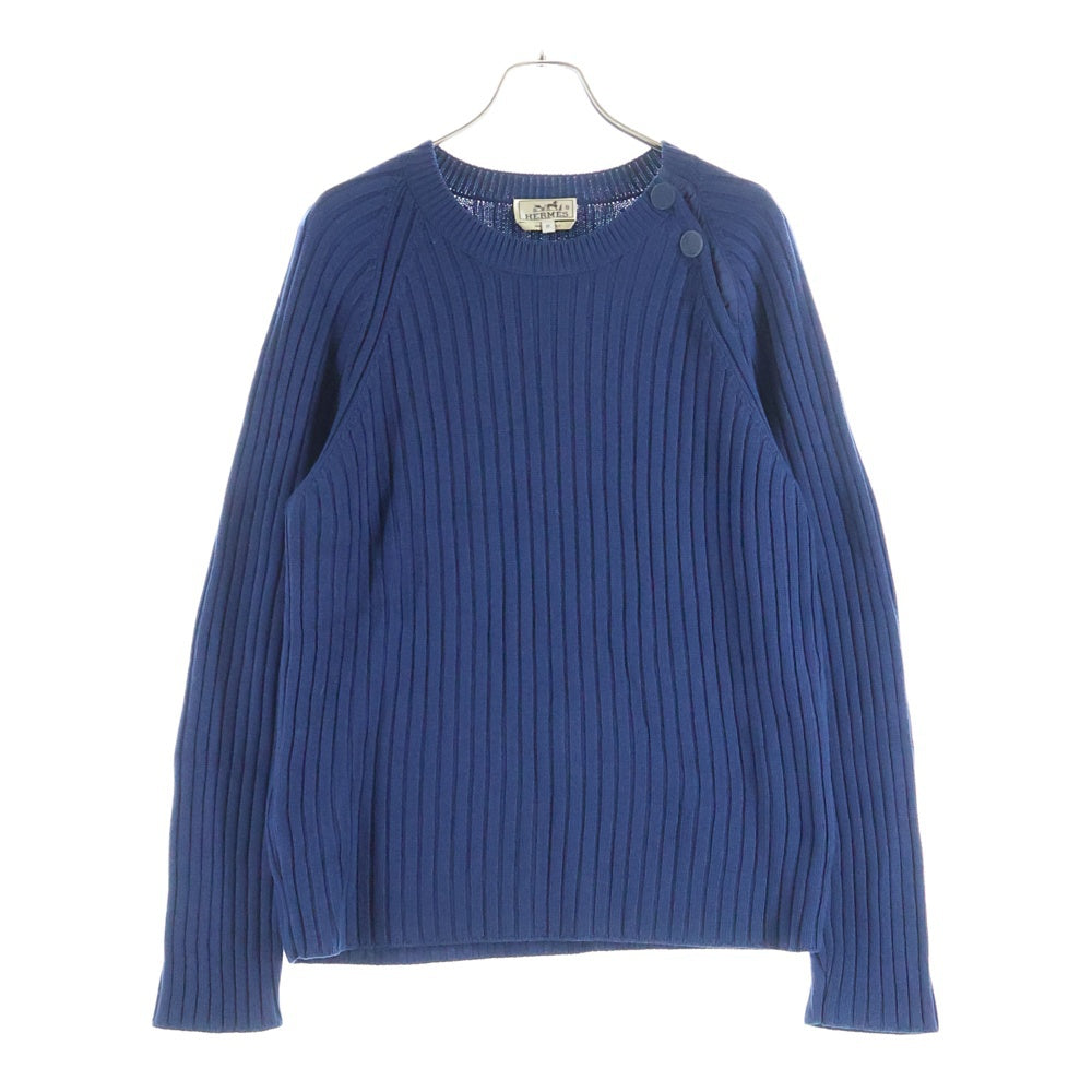 HERMES(エルメス) ウール ショルダーボタン リブニット クルーネックセーター ブルー