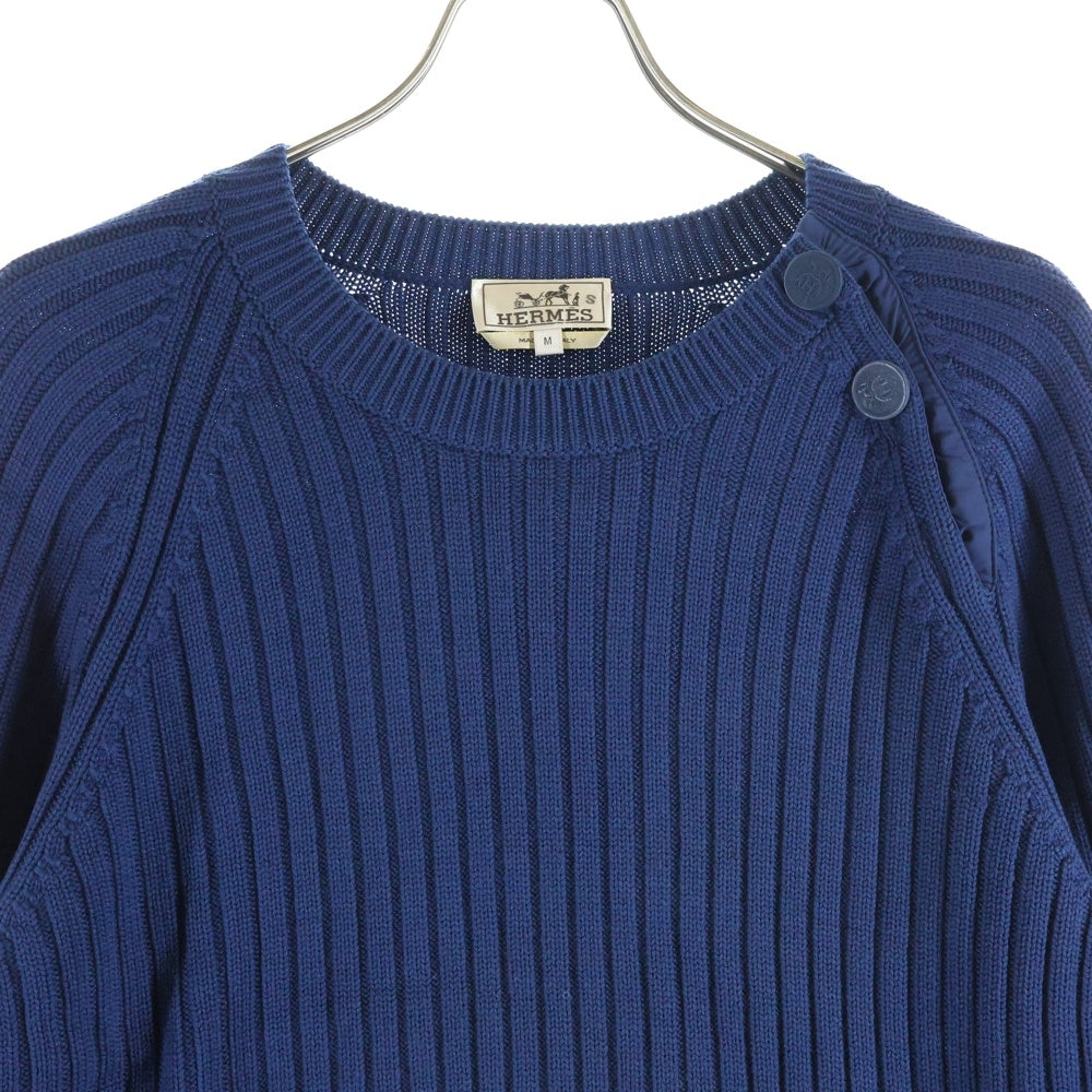HERMES(エルメス) ウール ショルダーボタン リブニット クルーネックセーター ブルー