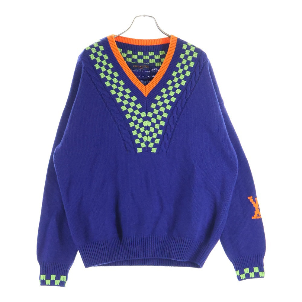 LOUIS VUITTON(ルイヴィトン) 21SS カシミヤ混 ダミエ Vネックニット セーター ブルー RM211 ZRS HKN61W