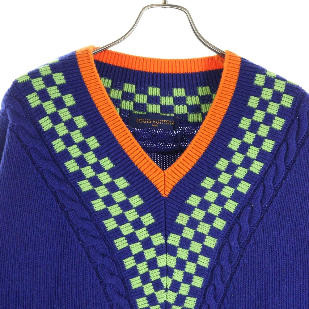 LOUIS VUITTON(ルイヴィトン) 21SS カシミヤ混 ダミエ Vネックニット セーター ブルー RM211 ZRS HKN61W