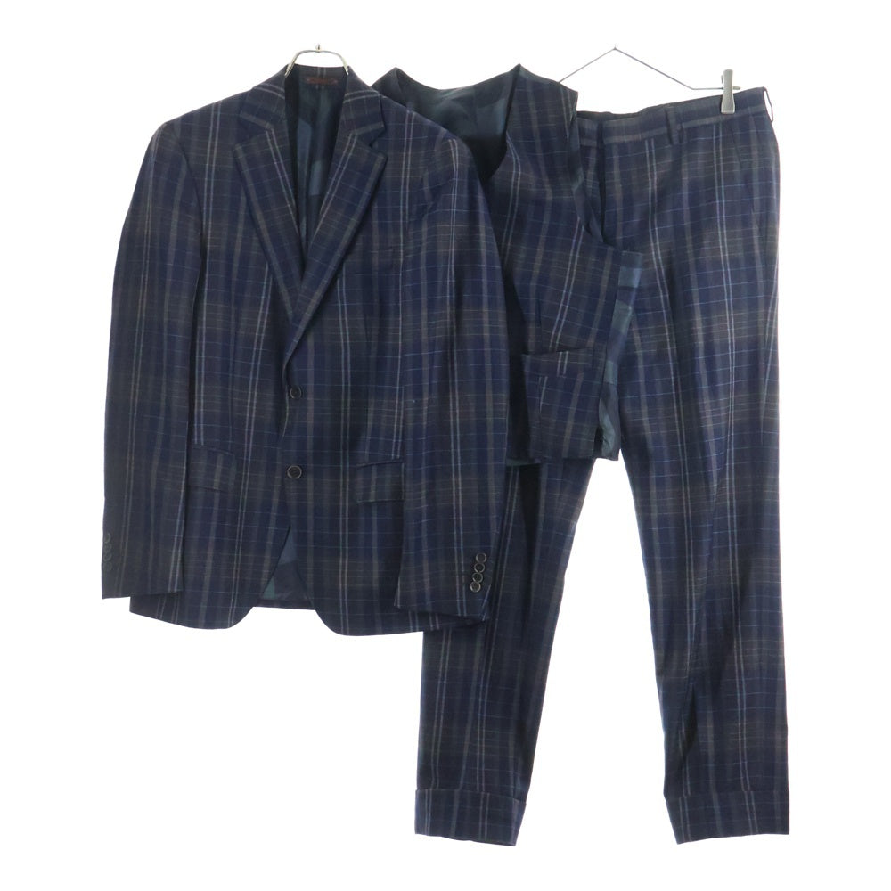 ETRO(エトロ) ウール ストライプデザイン 2Bテーラードジャケット センタープレス スラックスパンツ シルクベスト 3ピース セットアップ ネイビー