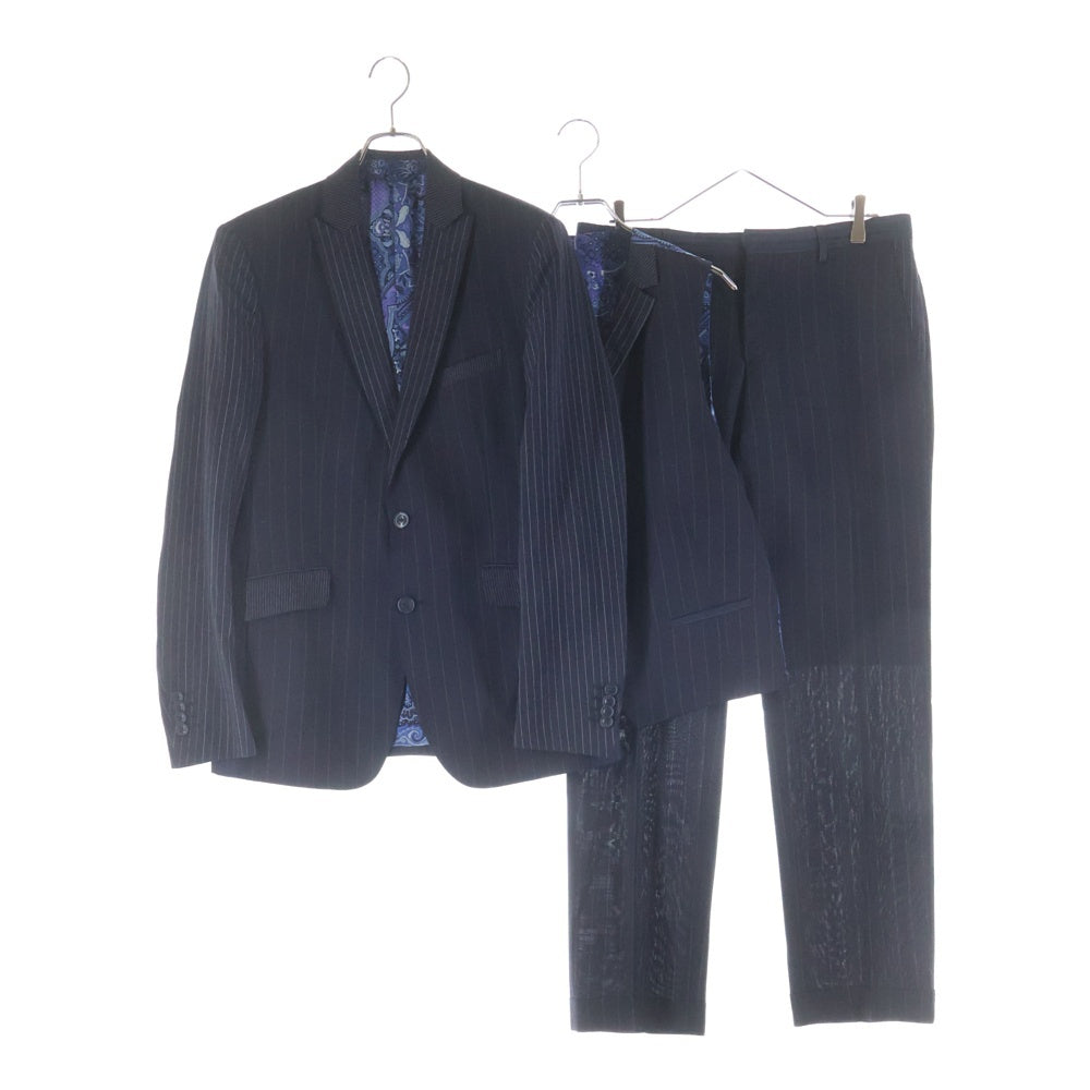 ETRO(エトロ) ウール チェック 2Bテーラードジャケット センタープレス スラックスパンツ シルクベスト 3ピース セットアップ ネイビー
