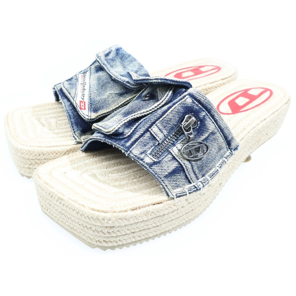DIESEL(ディーゼル) D-IBIZA ロゴデザイン マルチポケット デニム切り替え ヒール サンダル レディース ベージュ/インディゴ Y03568-P8100
