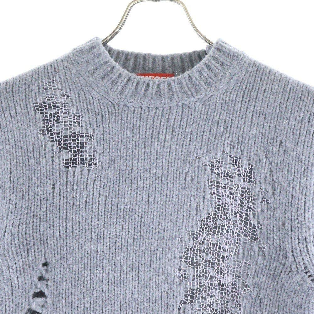 DIESEL(ディーゼル) クラッシュ加工 クルーネック ハイゲージ ニット セーター レディース グレー A15189