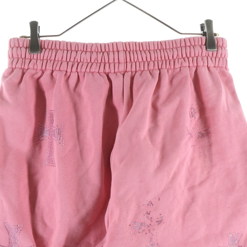 UNKNOWN LONDON(アンノーンロンドン) ラインストーン クロスデザイン スウェットパンツ ピンク