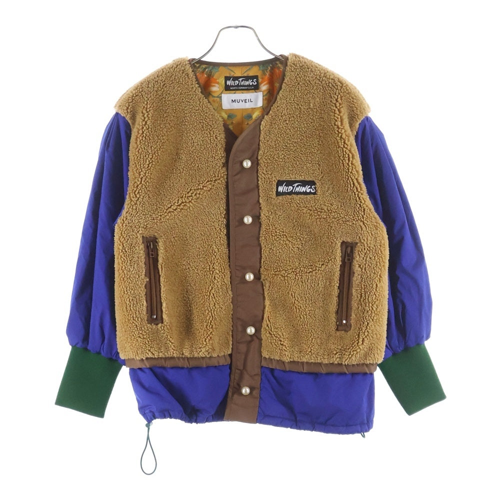 UNITED ARROWS(ユナイテッドアローズ) ×WILD THINGS ワイルドシングス 裏地ボタニカル総柄 袖切替 スナップボタン フリース ジャケット ブラウン/ブルー WT22412SN-MV