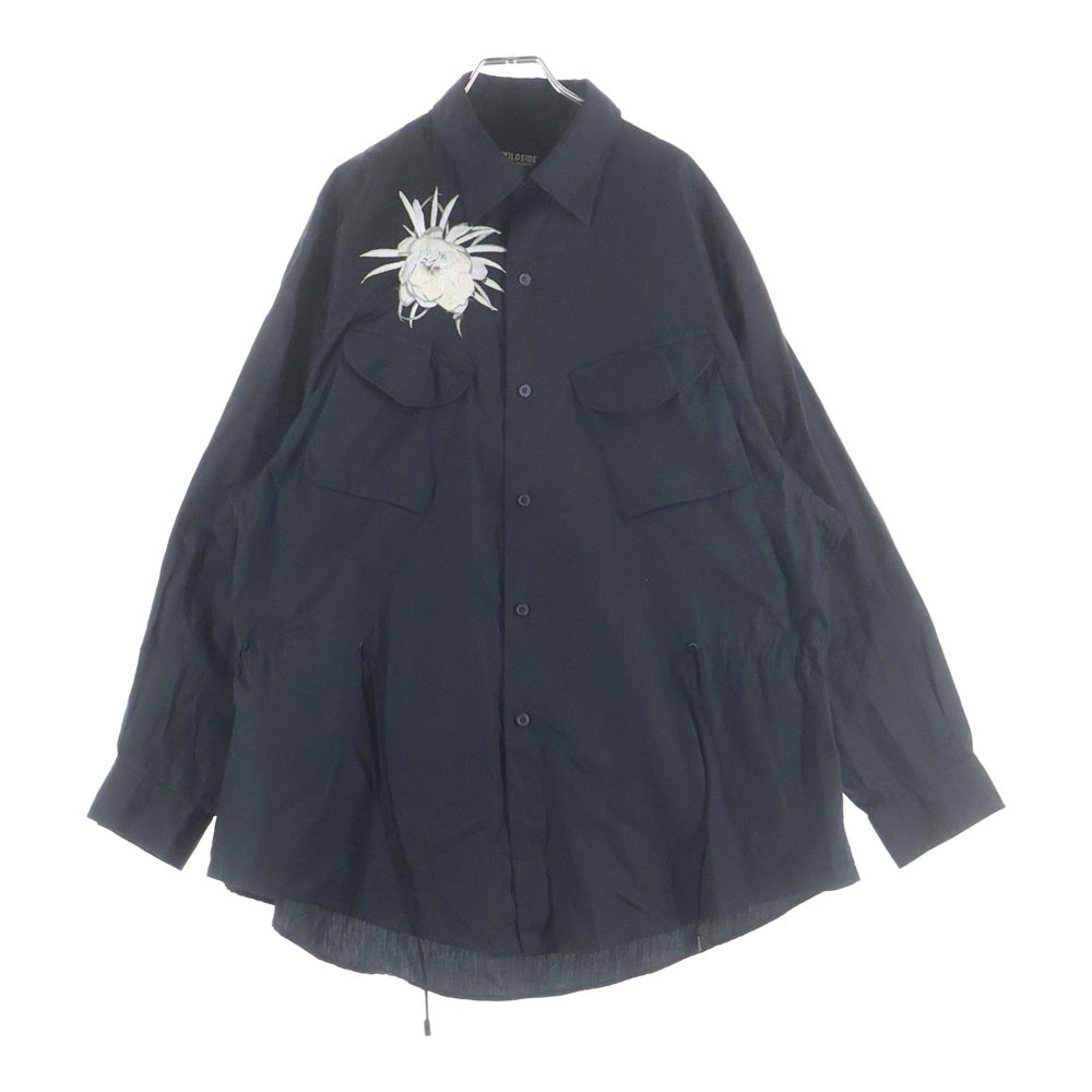 WILDSIDE YOHJI YAMAMOTO(ワイルドサイド ヨウジ ヤマモト) フラワーエンブロイダリーデザイン ダブルフラップポケット ドローストリング 長袖シャツ ブラック WS-B68-050