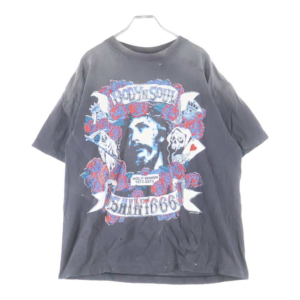 SAINT MICHAEL(セントマイケル) 25AW BODYN SOUL SS TEE ヴィンテージ加工 フロントプリントTシャツ 半袖クルーネックカットソー グレー SM-HR1-0000-014