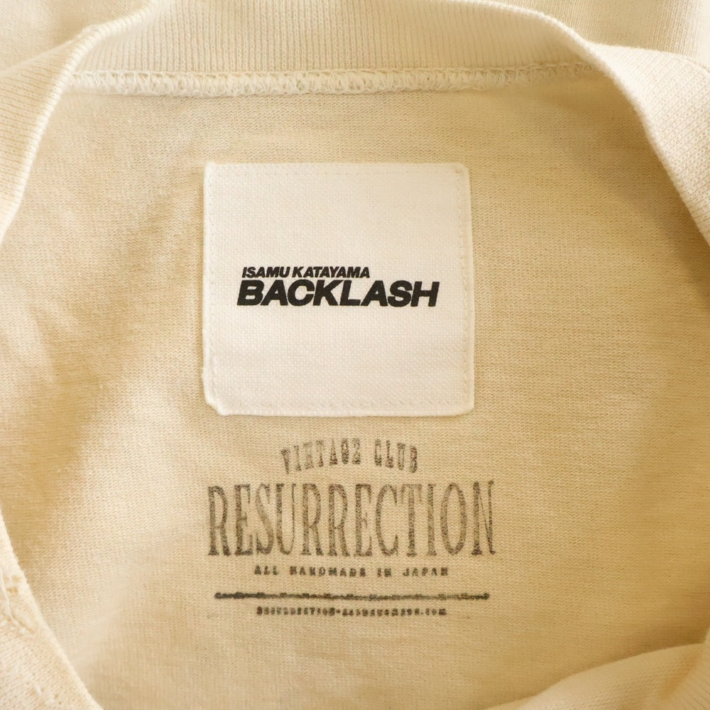 ISAMU KATAYAMA BACKLASH(イサムカタヤマバックラッシュ) 24SS ×RESURRECTION レザレクション コットン天竺製品染 ダメージ加工Tシャツ 長袖クルーネックカットソー ベージュ RES-2111-02