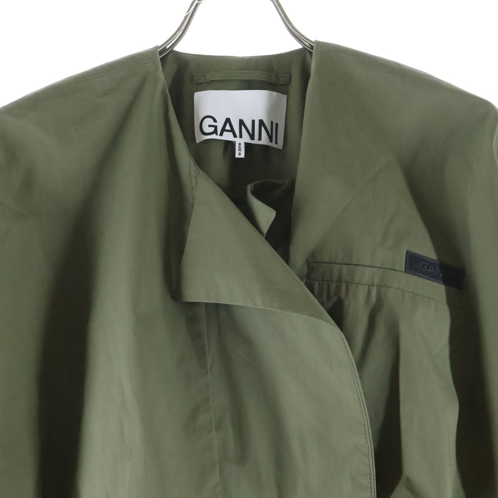 GANNI(ガニー) オーガニックコットン ノーカラー トレンチコート レディース カーキ