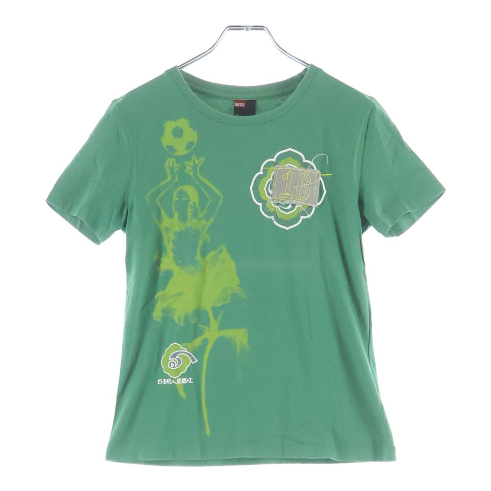 DIESEL(ディーゼル) 90-00S グラフィックプリント ナンバリングパッチ クルーネック 半袖Tシャツ カットソー グリーン レディース