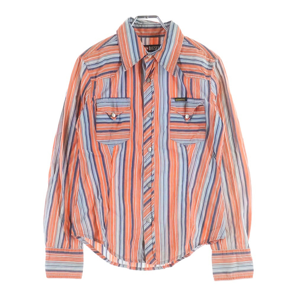 DIESEL(ディーゼル) 00S ストライプ スナップボタン ウエスタン長袖シャツ オレンジ/ブルー レディース