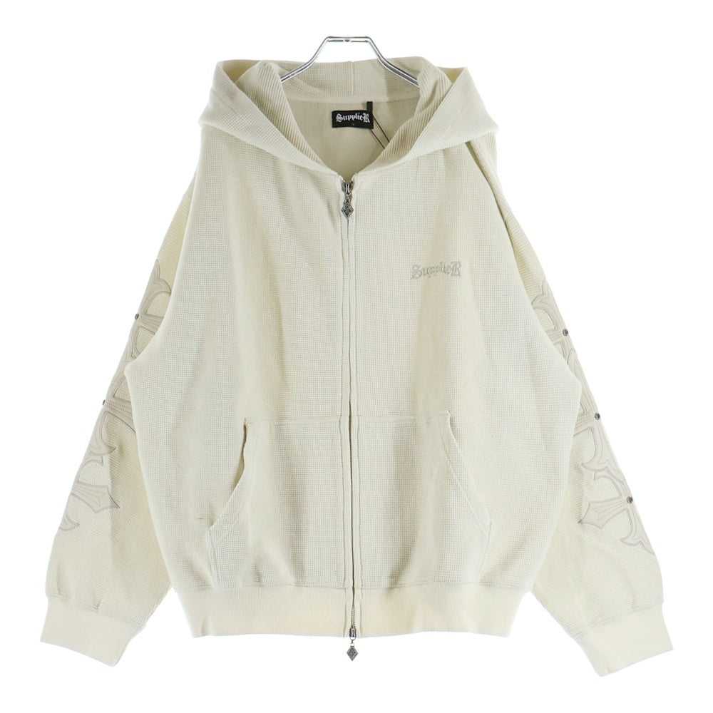 SUPPLIER(サプライヤ) CROSS LEATHER PATCH THERMAL ZIP HOODIE ロゴエンブロイダリー クロスレザーパッチ サーマルジップフーディー ベージュ