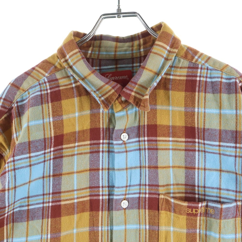 SUPREME(シュプリーム) 22AW Plaid Flannel Shirt 胸ロゴエンブロイダリー フランネル 長袖チェックシャツ ブラウン/ライトブルー