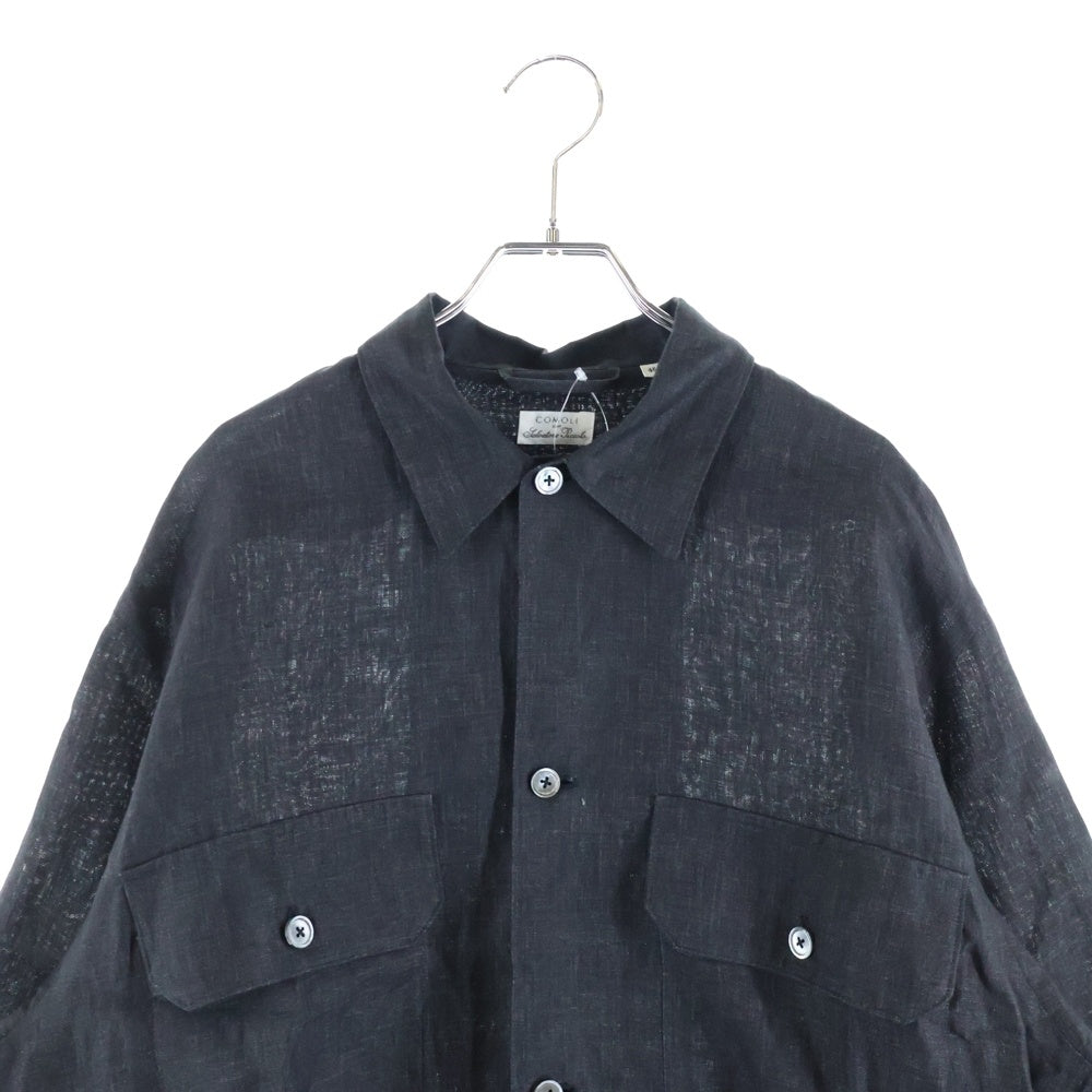 COMOLI(コモリ) 22SS C.P.O JKT ダブル胸ポケット レギュラーカラー リネン 長袖シャツ ブラック V01-01019