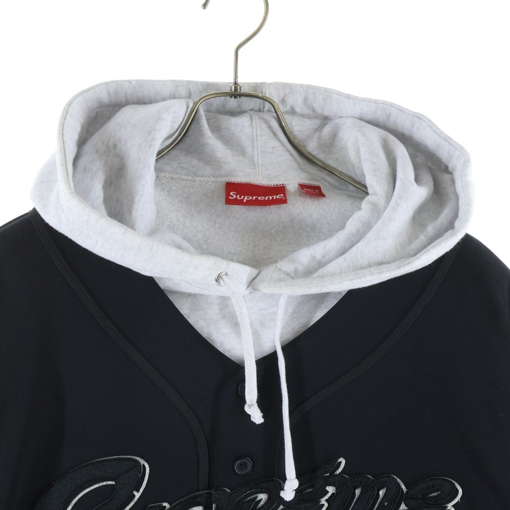SUPREME(シュプリーム) 22SS Baseball Jersey hooded sweatshirt フロント エンブロイダリー ベースボール レイヤード スウェット プルオーバー パーカーフーディ ブラック/グレー