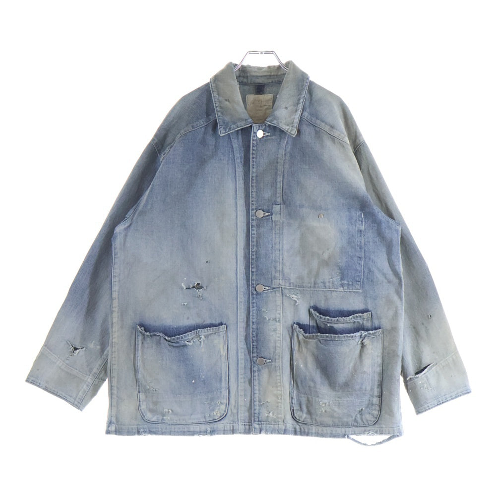 ANCELLM(アンセルム) 24SS DENIM COVERALL ダメージ加工 マルチポケット デニムジャケット カバーオール インディゴ ANC-JK44-A