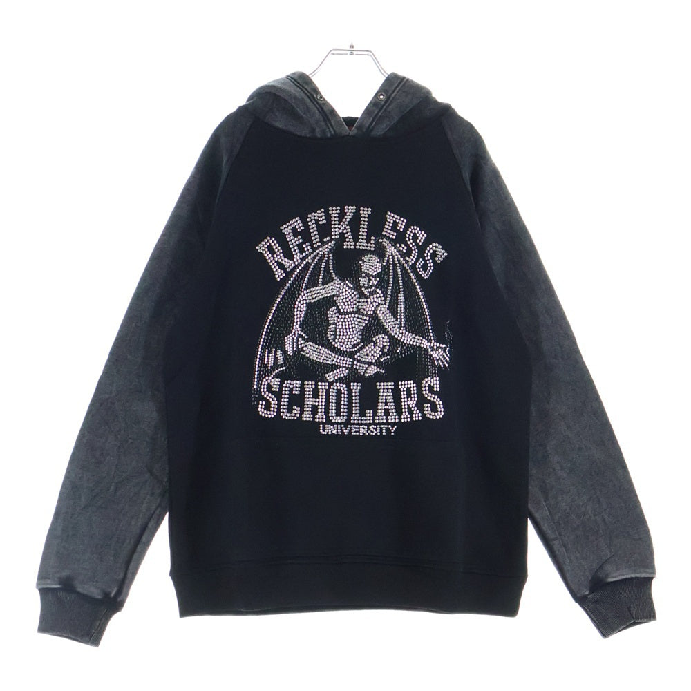 RECKLESS SCHOLARS(レックレススカラーズ) STONEWASHED HOODIE レックレススカラーズ カンガルーポケット ストーンウオッシュド プルオーバースウェットパーカー ブラック/グレー