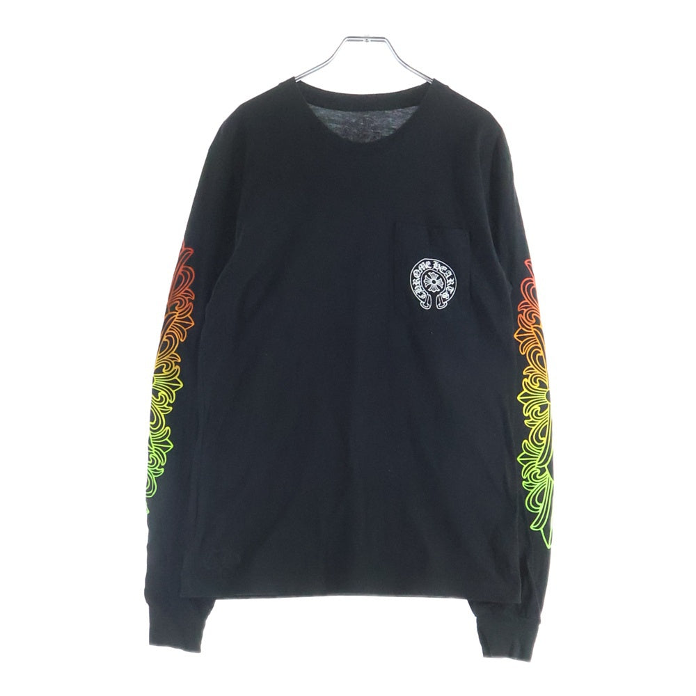 CHROME HEARTS(クロムハーツ) FLRL CRS HORSESHOE LS TEE 袖フローラル ホースシュー マルチカラー ロゴプリント クルーネック ロングスリーブ 長袖Tシャツ カットソー ブラック
