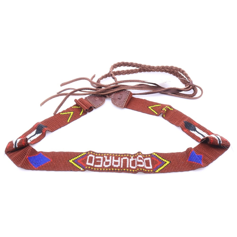 DSQUARED2(ディースクエアード) ロゴデザイン ネイティブ柄 ビーズ レザーベルト ブラウン 72T0015