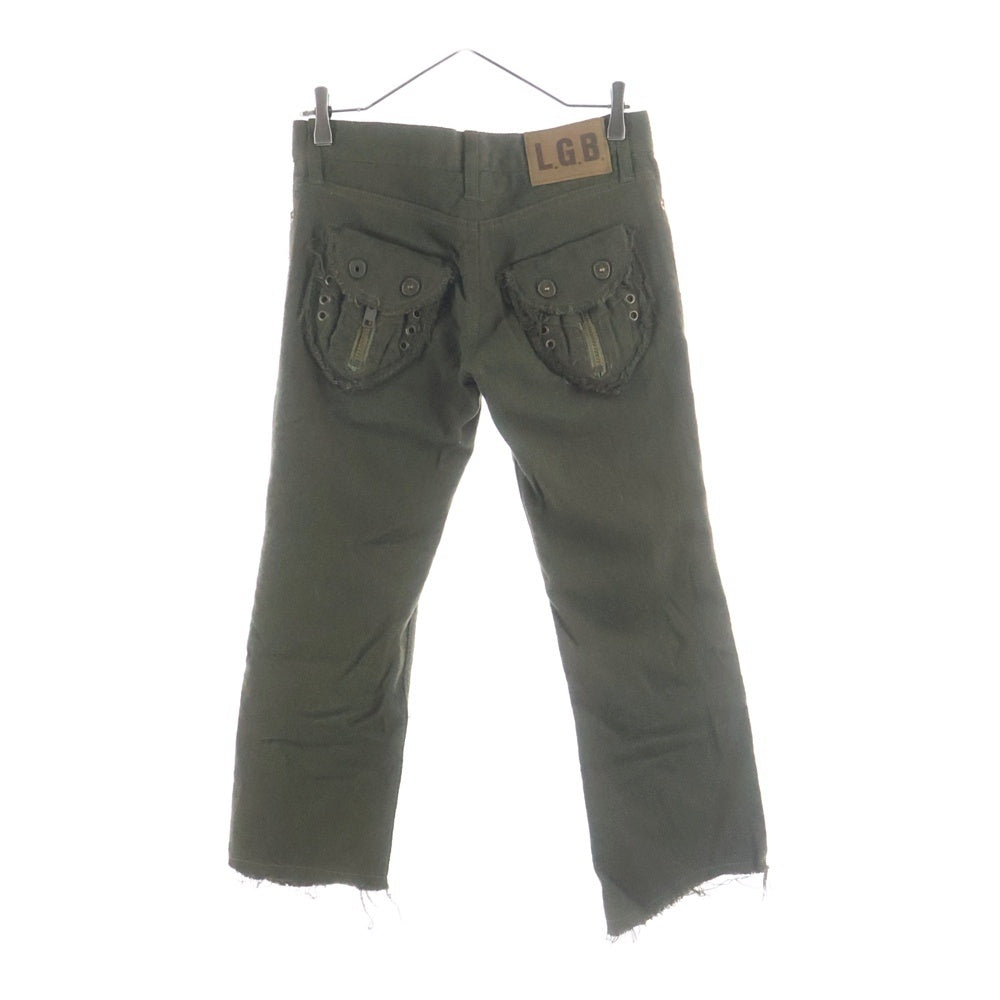 L.G.B.(ルグランブルー) バックポケットデザイン ダメージ加工 ロゴ革パッチ ジップアップ ウール混パンツ レディース カーキ ST101-2/3/4