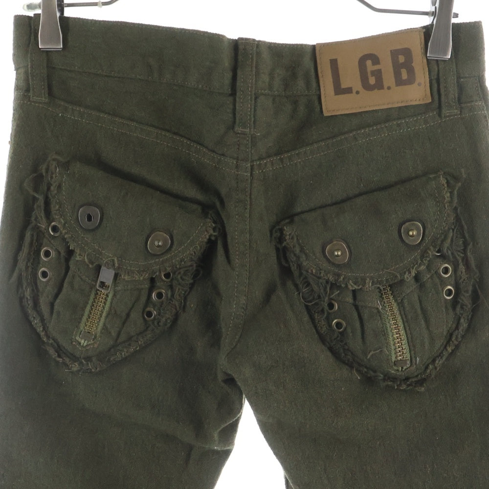 L.G.B.(ルグランブルー) バックポケットデザイン ダメージ加工 ロゴ革パッチ ジップアップ ウール混パンツ レディース カーキ ST101-2/3/4