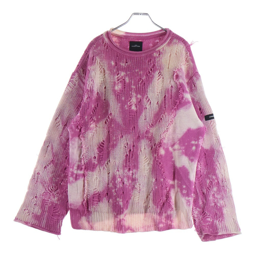 SYU.HOMME/FEMM(シュウ オム フェム) FIRE WORKS PULLOVER SWEATER ファイヤー ワークス ロゴパッチ 総柄 ダメージデザイン クルーネック ニット プルオーバー セーター ピンク H20SS-19