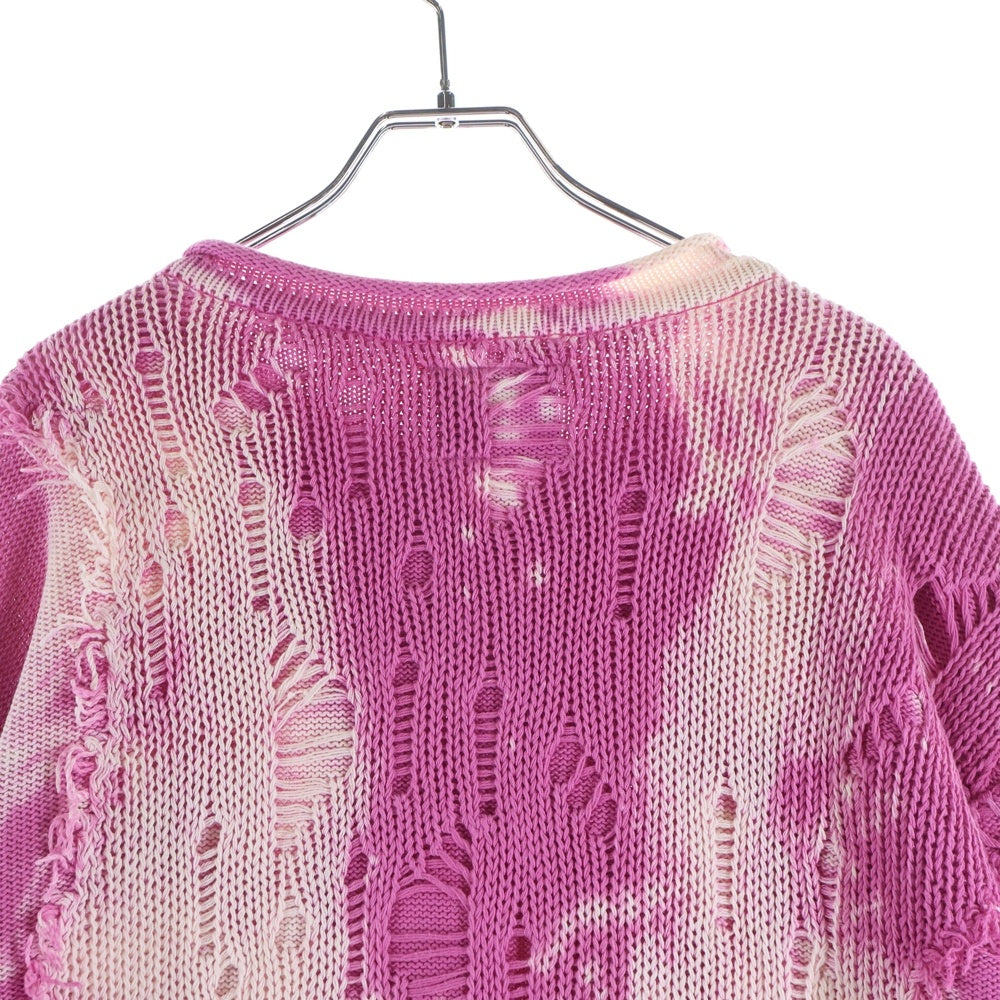 SYU.HOMME/FEMM(シュウ オム フェム) FIRE WORKS PULLOVER SWEATER ファイヤー ワークス ロゴパッチ 総柄 ダメージデザイン クルーネック ニット プルオーバー セーター ピンク H20SS-19