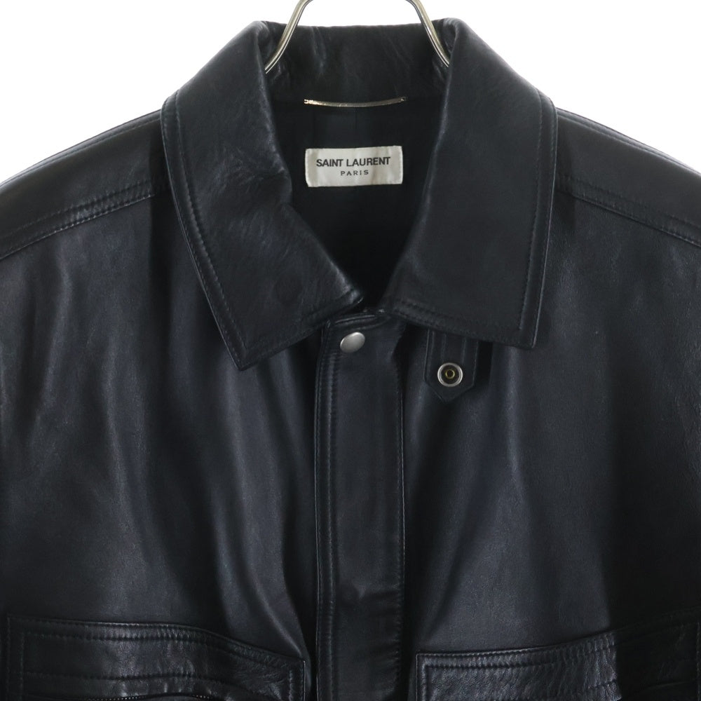 SAINT LAURENT PARIS(サンローランパリ) 23SS ドラムスキン シングルライダースジャケット ボタン ラムレザージャケット ブラック 737281 YC20C