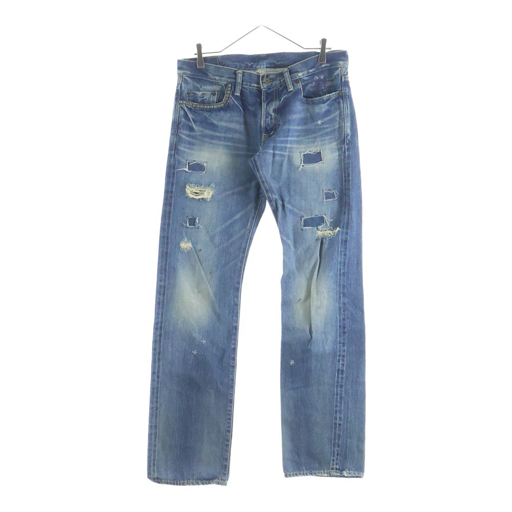 HYSTERIC GLAMOUR(ヒステリックグラマー) ダメージ リペア加工 スタッズデザイン ボタンフライ ストレートデニムパンツ インディゴ 4AP-2103