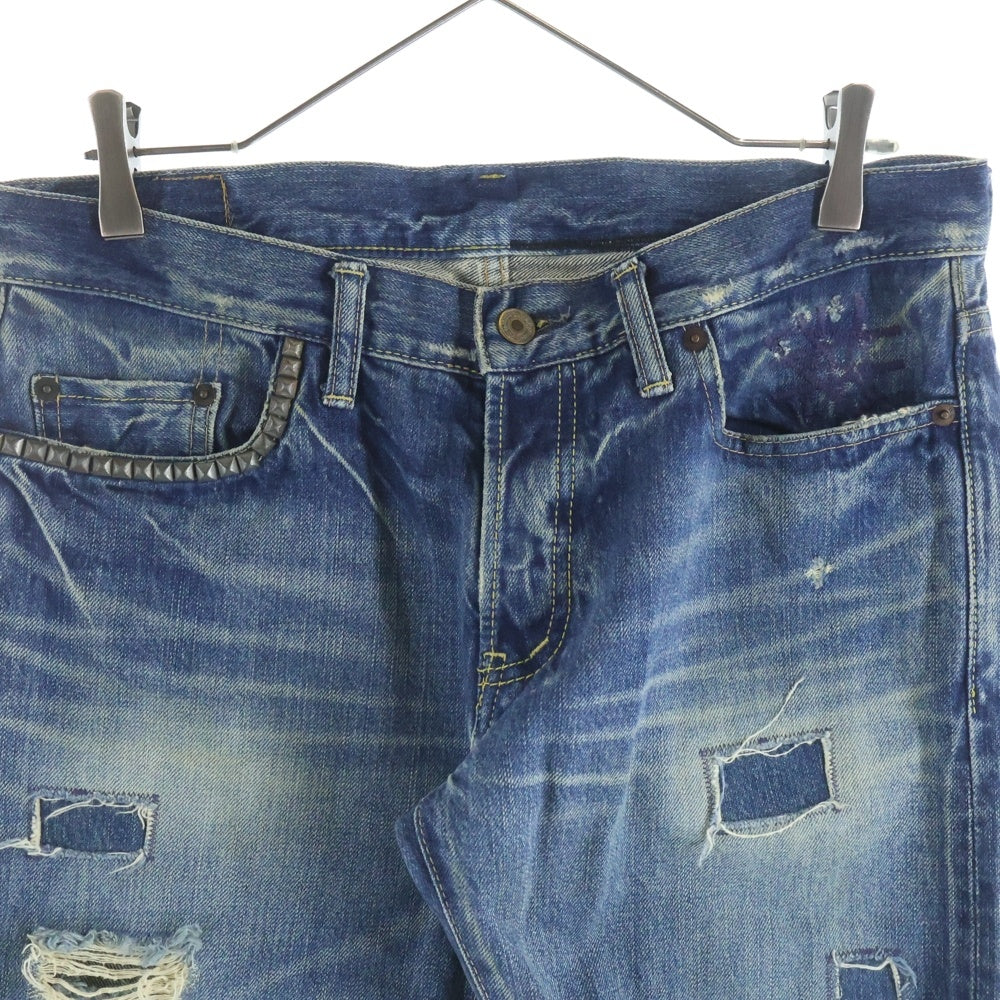 HYSTERIC GLAMOUR(ヒステリックグラマー) ダメージ リペア加工 スタッズデザイン ボタンフライ ストレートデニムパンツ インディゴ 4AP-2103