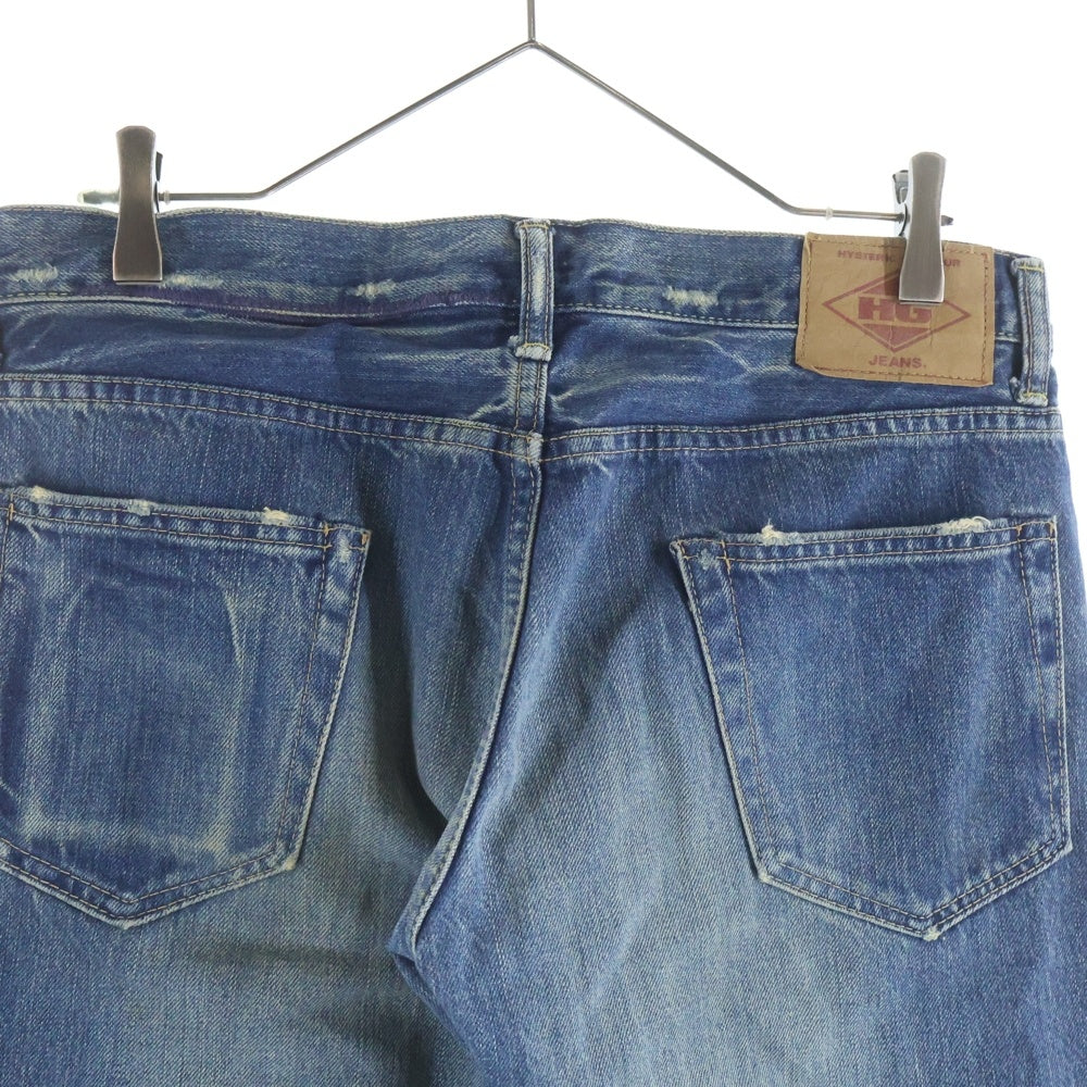 HYSTERIC GLAMOUR(ヒステリックグラマー) ダメージ リペア加工 スタッズデザイン ボタンフライ ストレートデニムパンツ インディゴ 4AP-2103