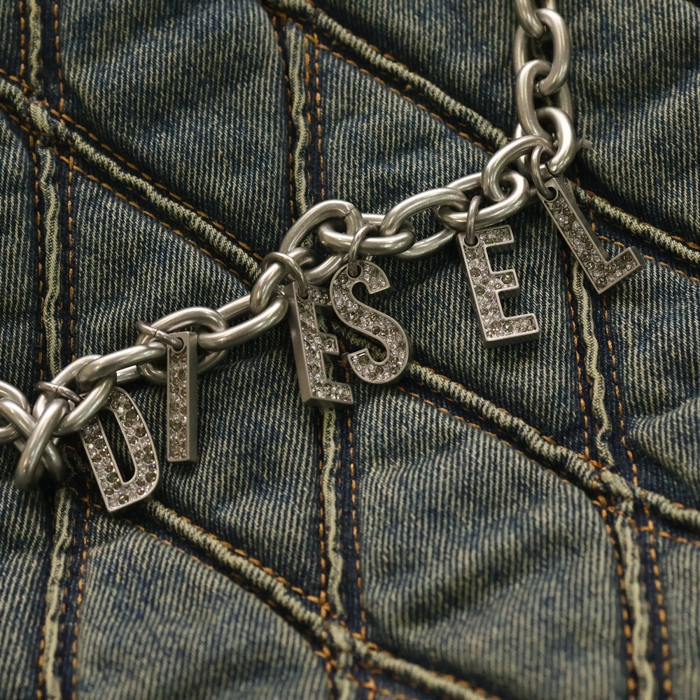 DIESEL(ディーゼル) 24AW CHARM-D-TOTE BAG IN ARGYLE QUILTED DENIM アーガイル柄 デニムキルティング クリスタルロゴチャーム付き ショルダー トートバッグ X10014P5570