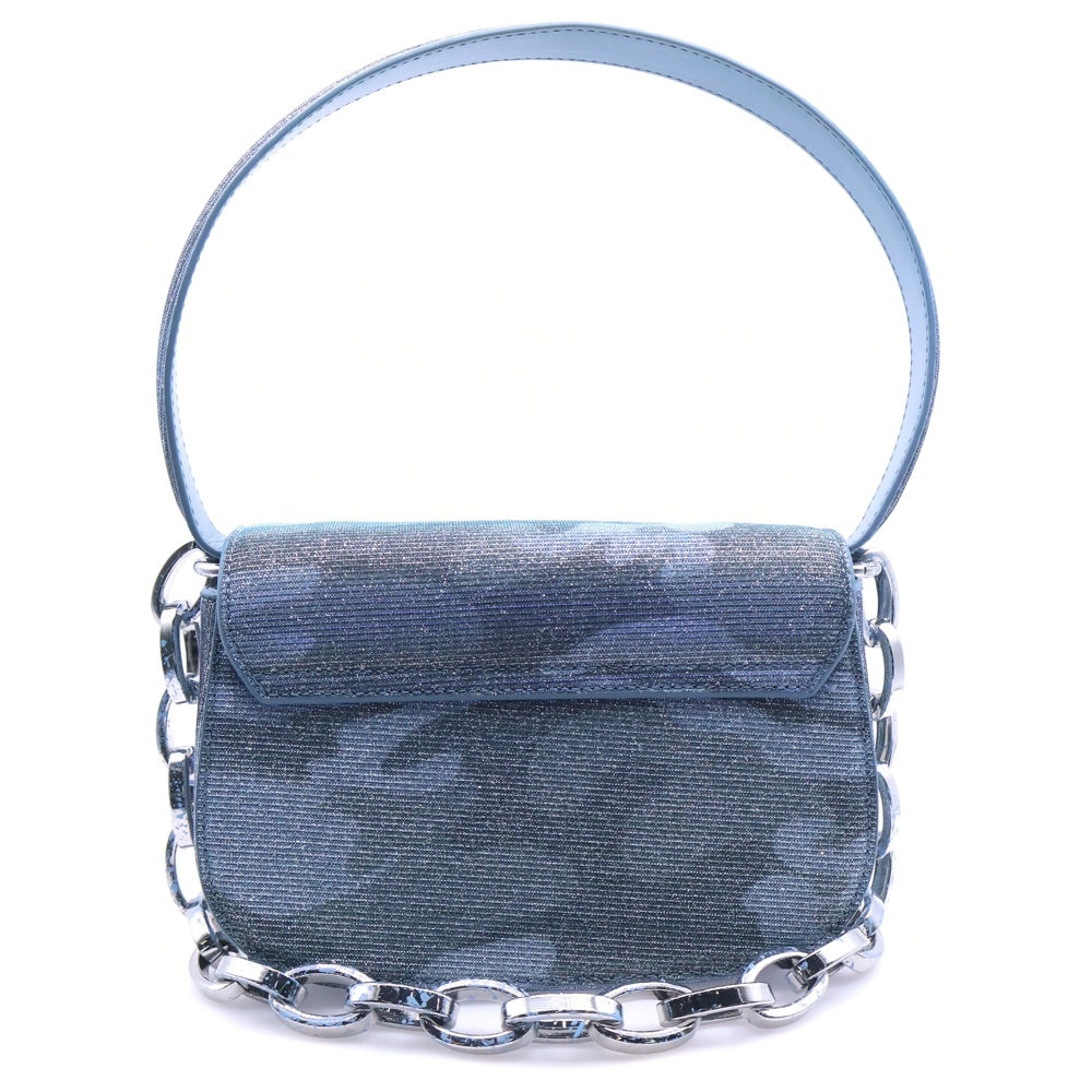 DIESEL(ディーゼル) 24SS 1DR-ICONIC SHOULDER BAG IN CAMO LUREX カモフラージュ クリスタルロゴプレート チェーンショルダー ハンドバッグ ブルー X08396P6709