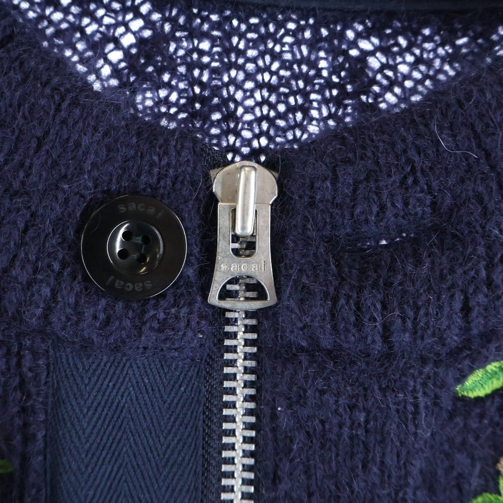 Sacai(サカイ) 22AW FLOWER EMBROIDERY KNIT CARDIGAN フラワー エンブロイダリー ジップアップ ニット カーディガン ネイビー 22-02844M