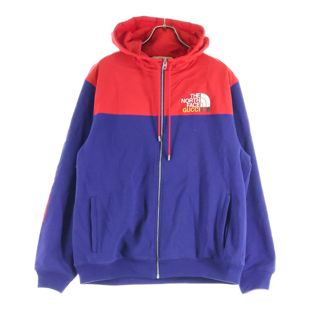 GUCCI(グッチ) 21AW ×THE NORTH FACE ノースフェイス ロゴデザイン ナイロン切り替え フーデッド ジップアップ スウェット パーカー パープル 671462