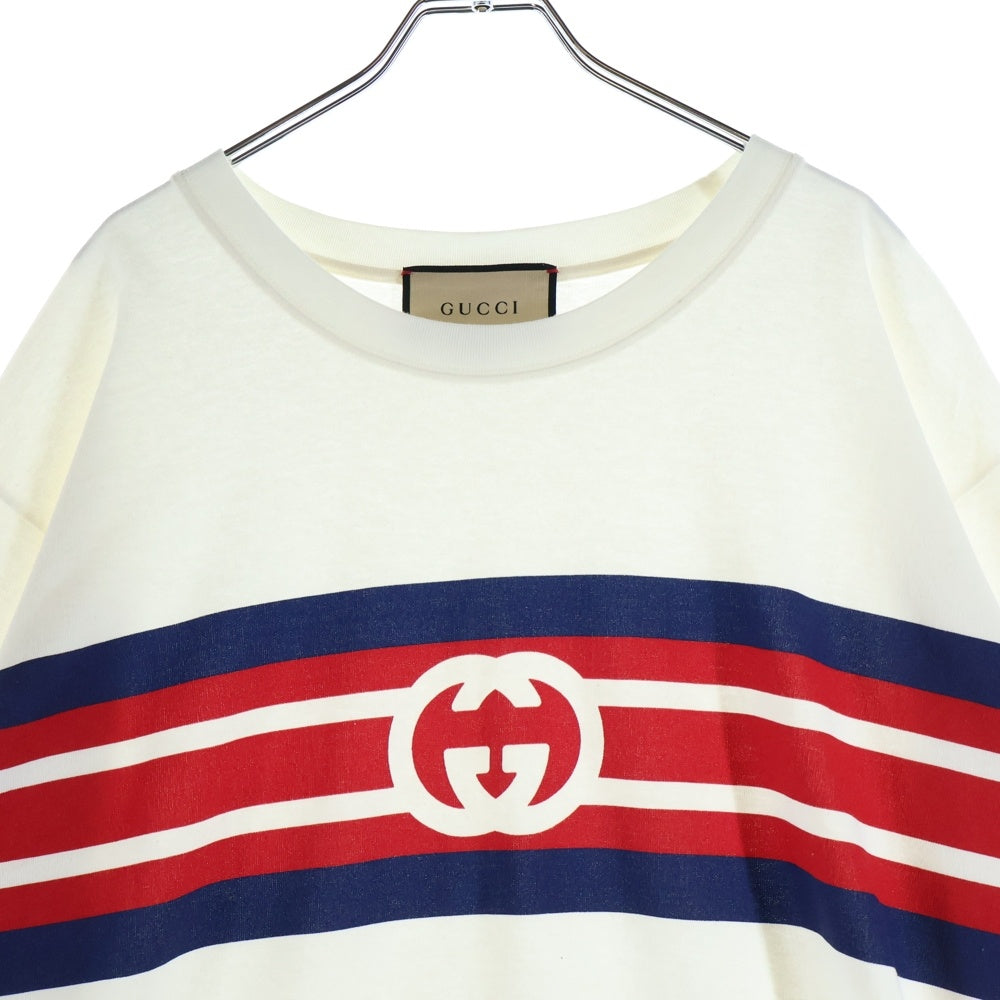 GUCCI(グッチ) 21SS インターロッキングG ストライププリント クルーネック カットソー 半袖Tシャツ ホワイト 616036 XJDAG