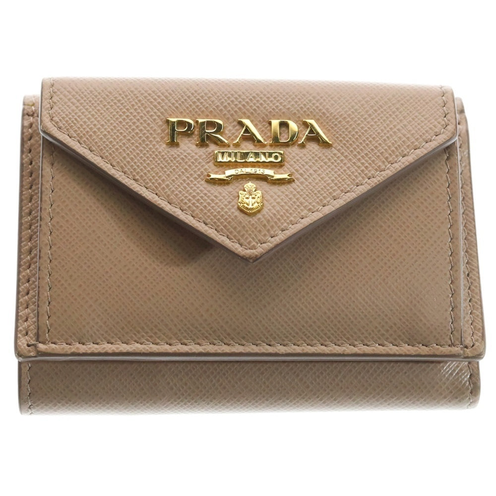 PRADA(プラダ) サフィアーノレザー ロゴプレート コンパクトウォレット コインケース 三つ折りウォレット ベージュ 1MH021QWA レディース