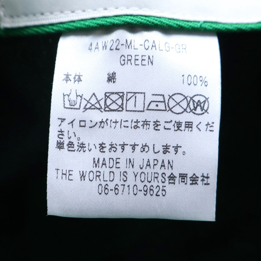 THE WORLD IS YOURS(ザ ワールド イズ ユアーズ) エンブロイダリーロゴデザイン アジャスター付き 6パネル ベースボールキャップ 帽子 グリーン 4AW22-ML-CALG-GR