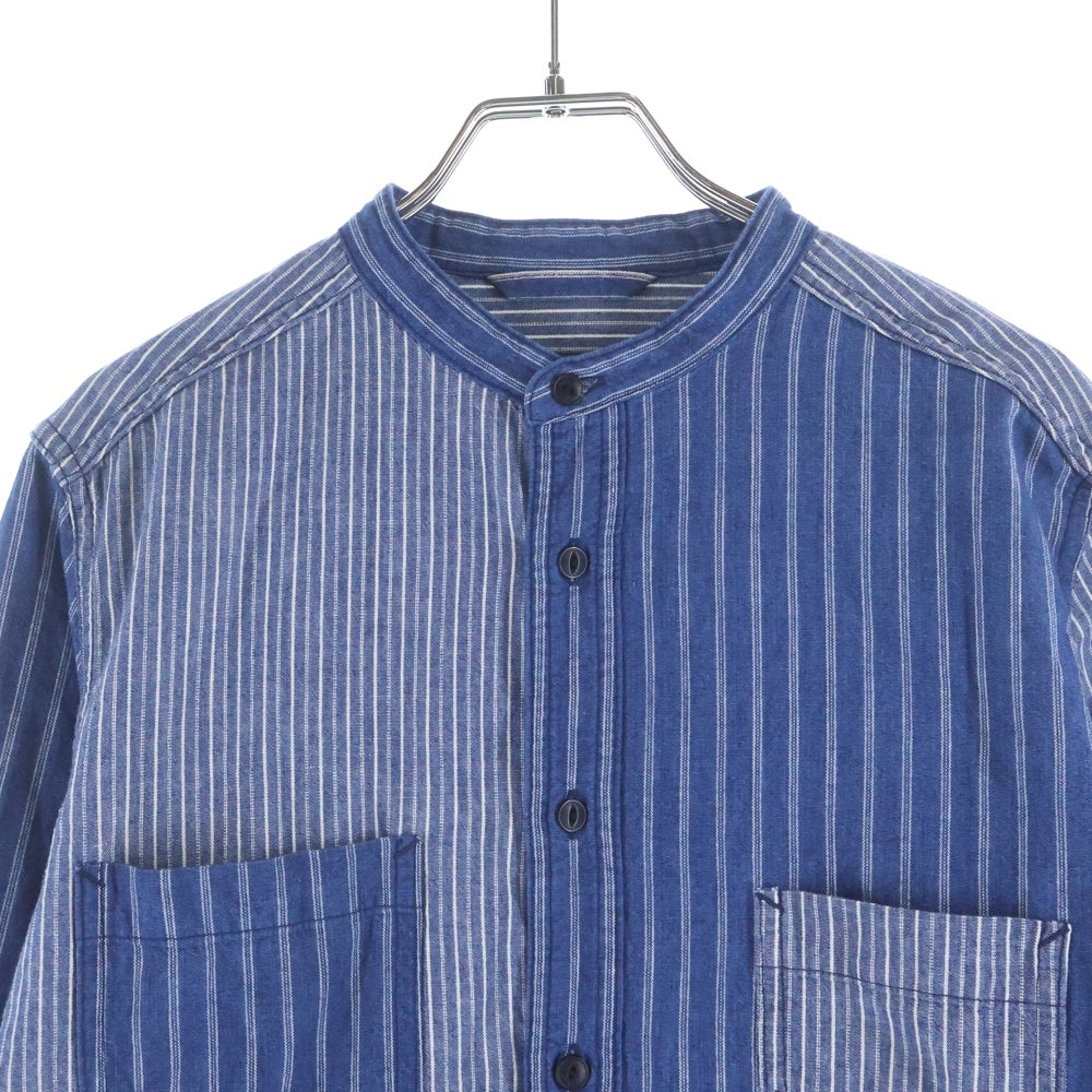 NIGEL CABOURN(ナイジェルケーボン) ストライプ ノーカラー長袖シャツ ブルー 8020010009