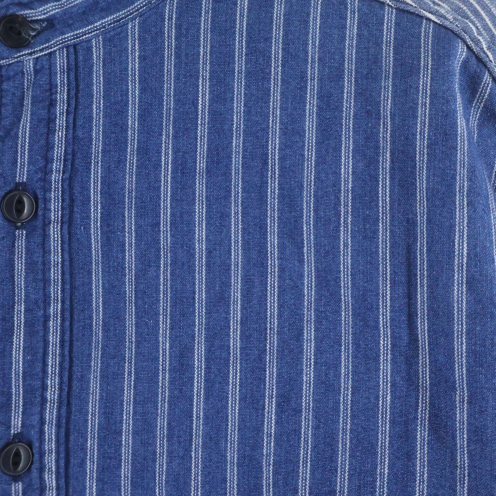NIGEL CABOURN(ナイジェルケーボン) ストライプ ノーカラー長袖シャツ ブルー 8020010009